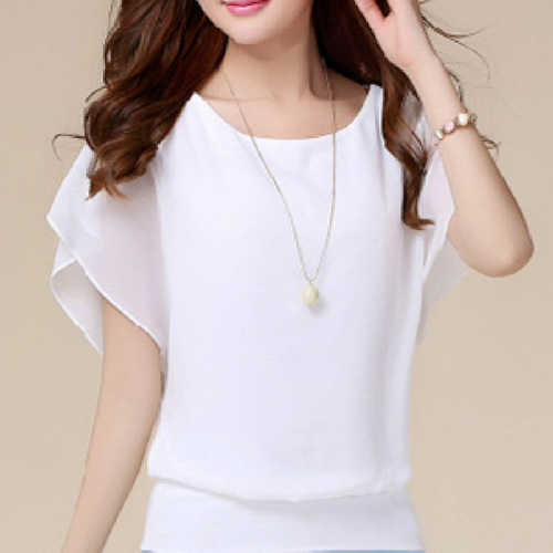 2024 new summer new round collar short sleeve loose fashionable chiffon large size base shirt for women