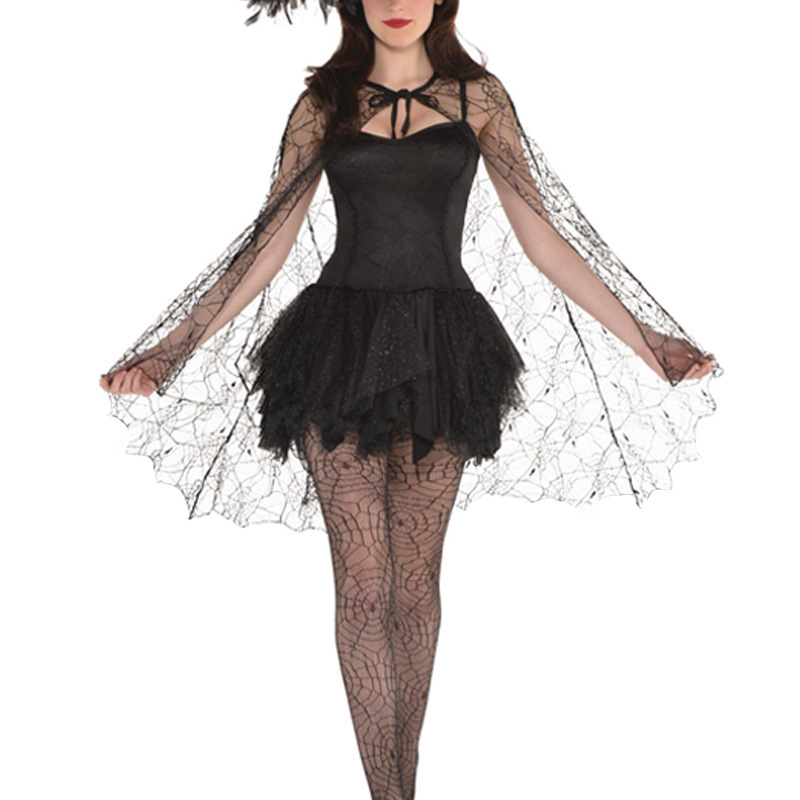クロスボーダーハロウィンブラックレースキャップレスクモの巣マント魔女ショール細い鋸歯状マントダークスタイル|undefined