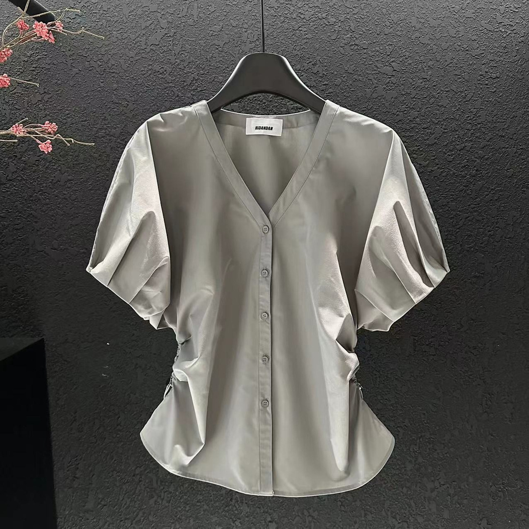 그레이 [오른쪽 어깨/바텀 셔츠/이너웨어/스몰 셔츠/유럽 스타일/유니크하고 유니크한 스몰 탑/외국 스타일 나이를 줄여주는/틈새 디자인/루즈/살을 가리는 뚱뚱한 mm 뱃살 커버 탑