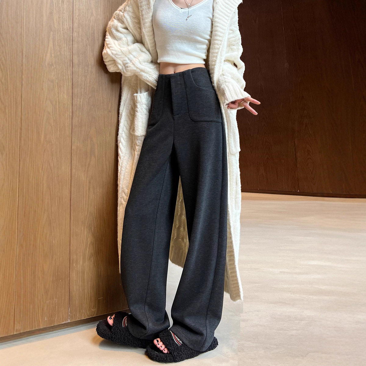 黑灰色窄版阔腿裤女秋冬加绒高腰垂感显瘦羊毛呢西装裤休闲直筒裤