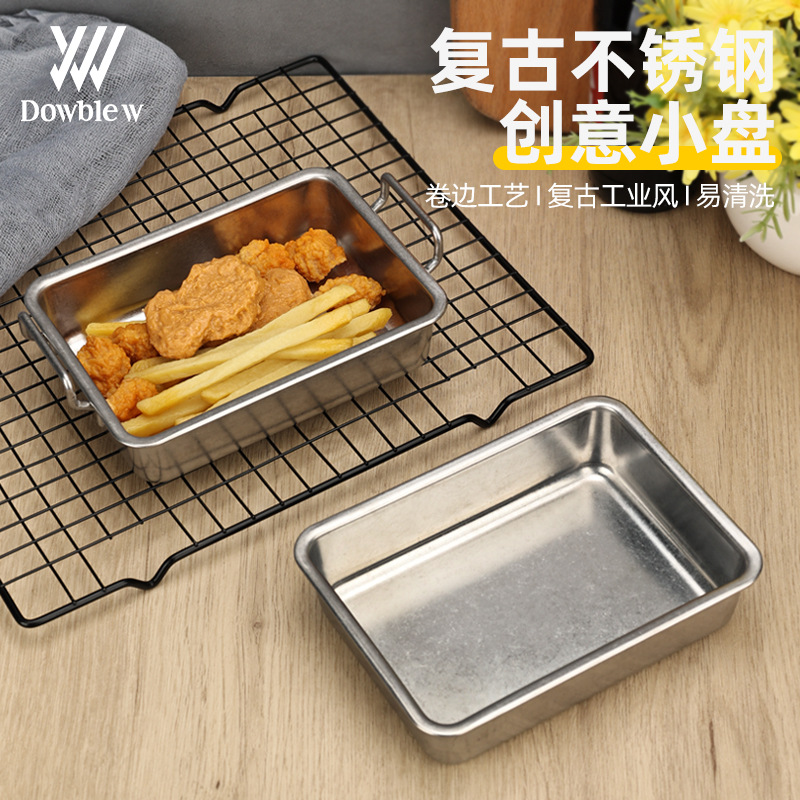Retro 304 stainless steel barbecue tray restaurant square plate…