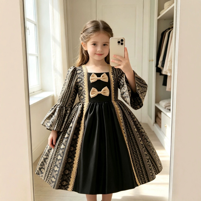 Christmas New Children's Dress Princess Dress Lolita Tutu Skirt Baby Girl's Birthday Party Long-Sleeved Dress Ready for Sale