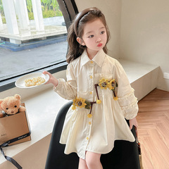 兒童春款童裙上新女童韓版洋氣花朵襯衫連衣裙小女孩田園風襯衫裙