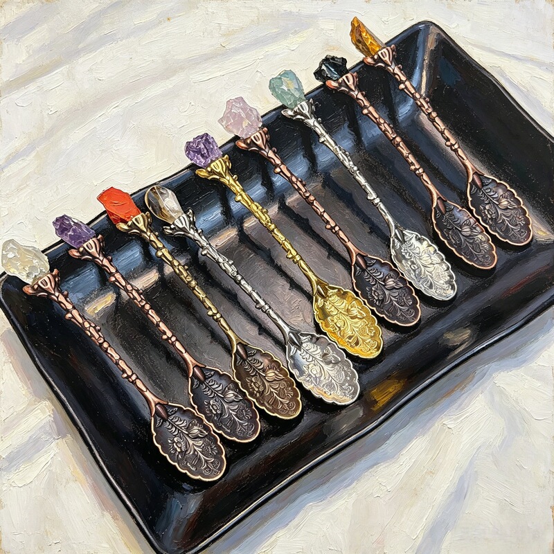 Manufacturer's Vintage Alloy Leaf Spoon with Carved Crystal and Raw Stone Metal Accessories, Ice Cream Spoon, Coffee Spoon
