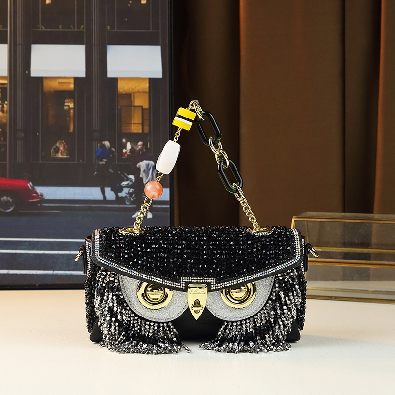 Borsa a mano da donna a forma di gufo con strass e nappe, resistente, a tracolla, piccola borsa quadrata, lusso di nicchia accessibile_voghion.com