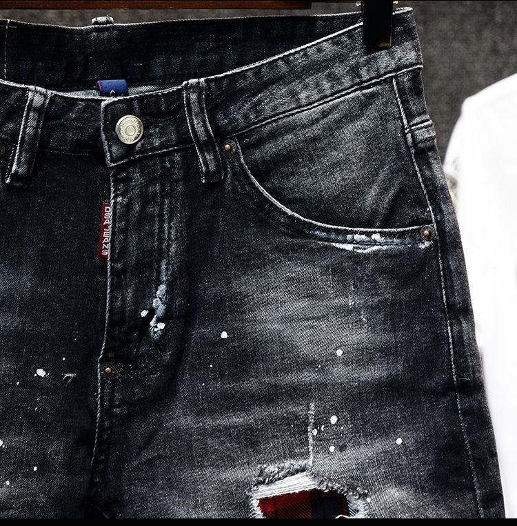 Men's Slim Fit Denim Shorts Trendy Stylish Spray Paint Ripped Patched Black Stretch Summer Five Point Pant_mkmklike.com