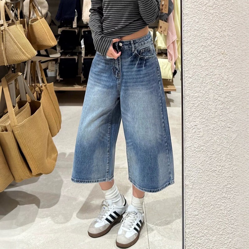 American Retro Blue Wide-Leg Cropped Jeans for Women 2026 Summer New High-Waisted Loose Casual Straight Mid-Length Pants American Retro Blue Wide-Leg Cropped Jeans for Women 2026 Summer New High-Waisted Loose Casual Straight Mid-Length Pants