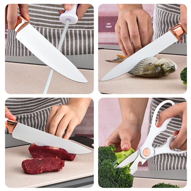 Yangjiang cuchillos de oro rosa acero inoxidable doble conjunto de nueve piezas conjunto de cuchillos domésticos de cocina