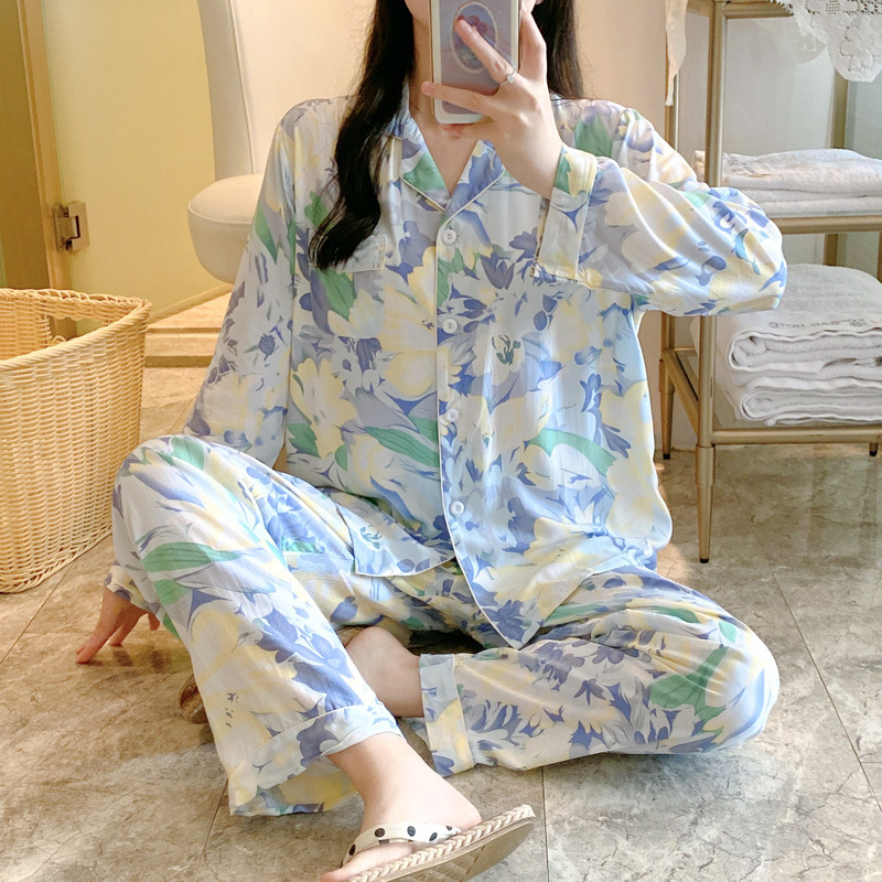 2025 New Style Cotton Silk Pajamas Women's Spring and Autumn Thin Long-sleeved suit Cyber Popular plus size Artificial Cotton Silk Home Clothes for Summer