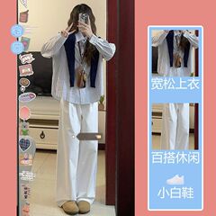 韩系秋装穿搭一整套学院风复古通勤简约宽松披肩衬衫上衣三件套装