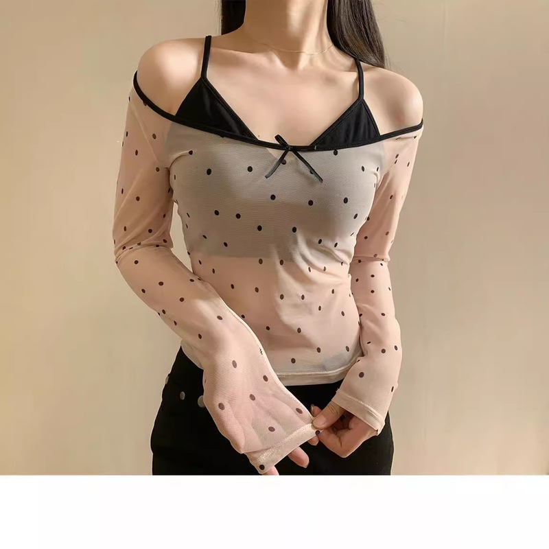 Pure Desire Sexy Fake Two-piece Mesh Poll Bow Slim-fit Long-sleeved Top with Chest Wrap with Chest Pad Tube Top Pure Desire Sexy Fake Two-piece Mesh Poll Bow Slim-fit Long-sleeved Top with Chest Wrap with Chest Pad Tube Top