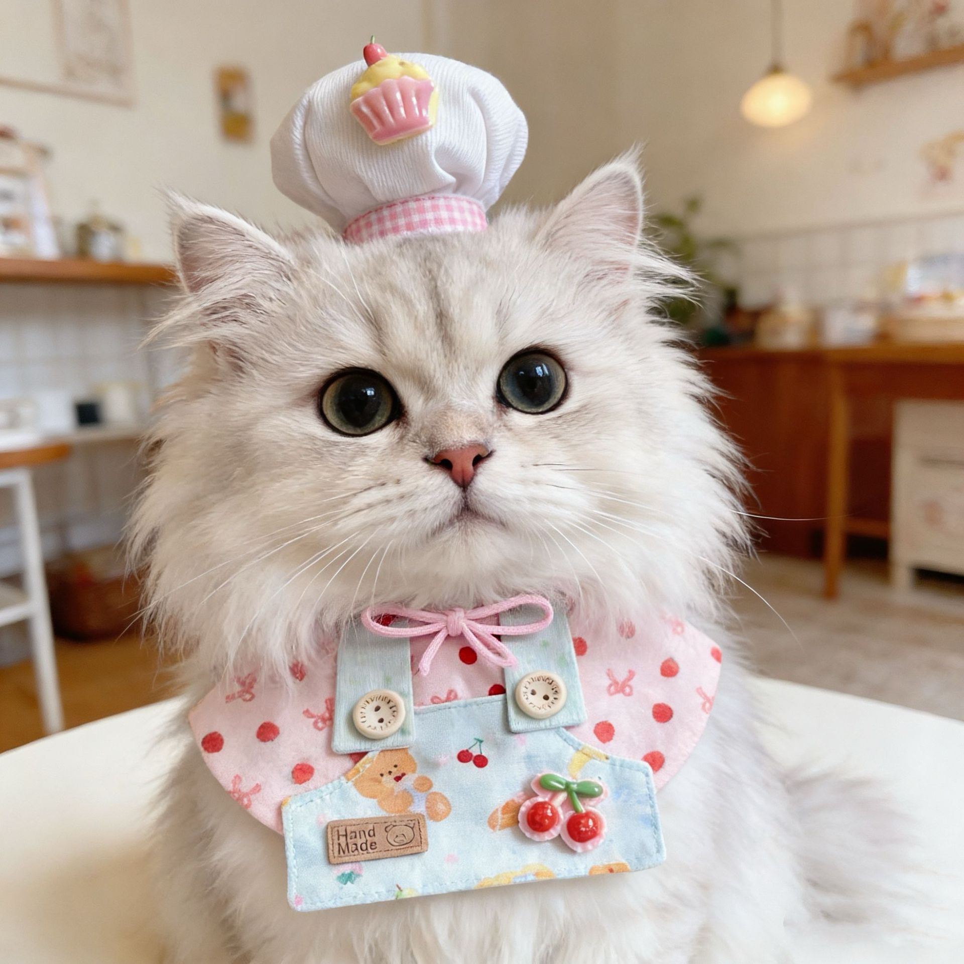 新款猫咪厨师背带围裙装扮可爱狗狗帽子草莓印花围领围嘴宠物服饰
