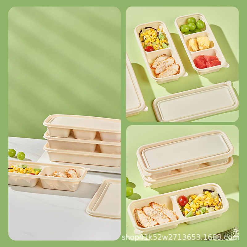 Degradable cornstarch lightweight food container divided one-time long strip box takeout packing box fast food box bento box