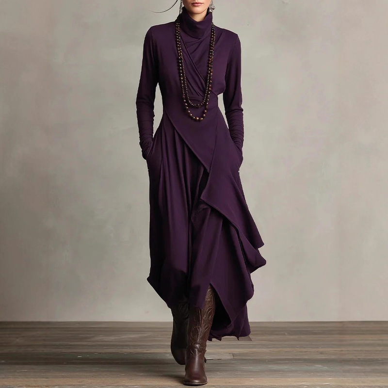 2025 European Size Women's Clothing Amazon Independent Station Spring & Fall Pure Color Long-Sleeved Cross High-Neck Dress Long