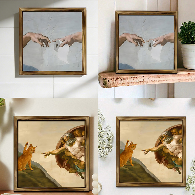 Cross-Border Spoof of Famous Paintings, Wooden Decorative Painting, Adam and the Orange Cat with the Scroll, and God, Artistic and Cute Desktop Ornaments Cross-Border Spoof of Famous Paintings, Wooden Decorative Painting, Adam and the Orange Cat with the Scroll, and God, Artistic and Cute Desktop Ornaments