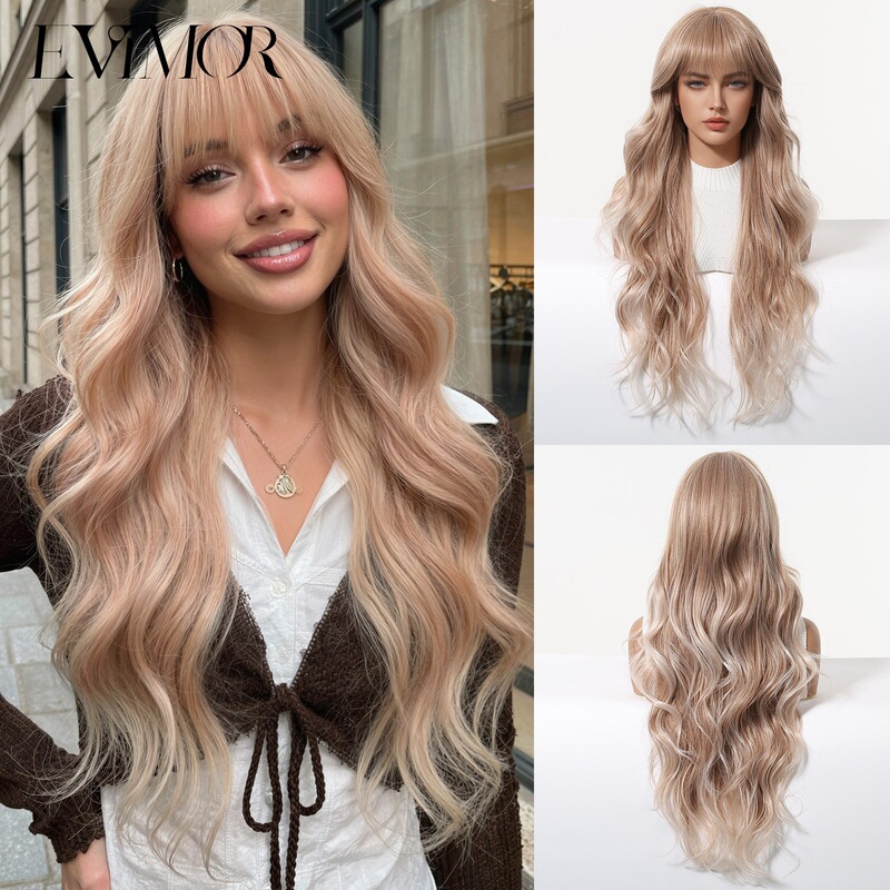 Temu Foreign Trade Hot-Selling Wig for Women, Rose Gold Color, Full Bangs, Large Waves, Long Curly Hair, Matte High-Temperature Fiber, Full Head Wig