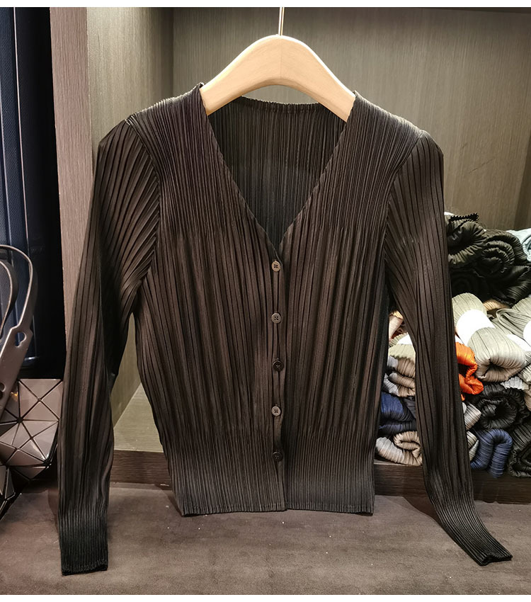 Áo cardigan cổ chữ V dáng ngắn tay dài mới xuân hè — Màu xanh lam nhạt, Màu đen, Màu tím nhạt, Màu hồng chi tiết 12