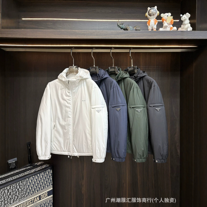 Correct version of P brand men's hooded cotton jacket with triangular logo, zipper, windproof, thickened, warm, multi-color casual cotton coat Correct version of P brand men's hooded cotton jacket with triangular logo, zipper, windproof, thickened, warm, multi-color casual cotton coat