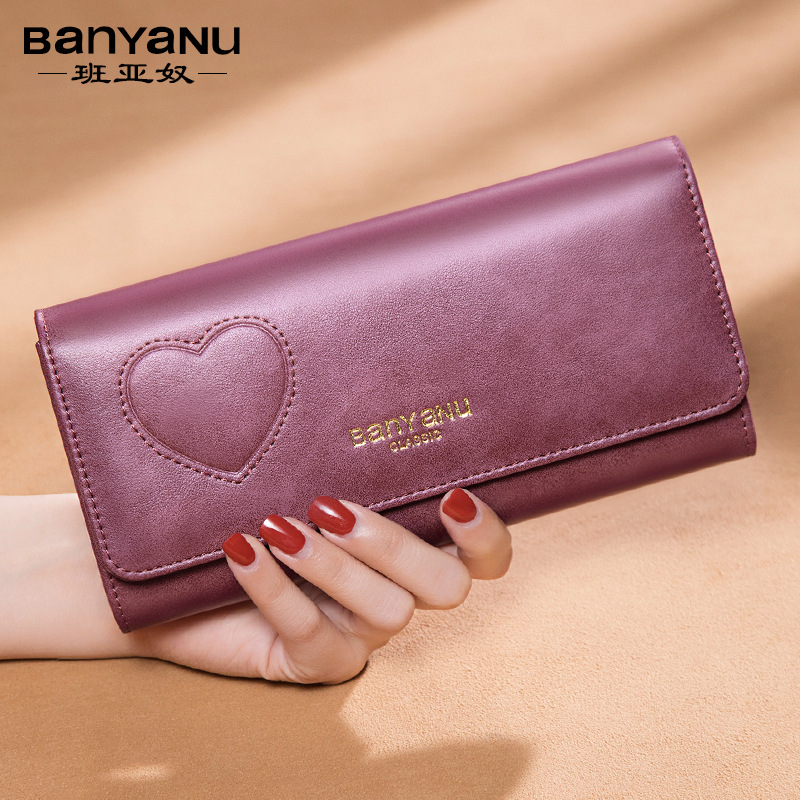 GZ Bayanuo Leather Goods Factory Women's Long Handle Wallet 2024 New Korean Style Calfskin Money Clip Retro Women's Handbag