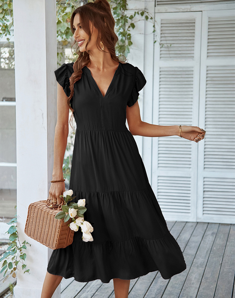 V-neck flying sleeves large swing solid color dress NSDY120833