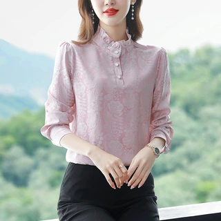 工厂直销时尚衬衫2025春秋新款女装复古港味立领宽松上衣长袖衬衣
