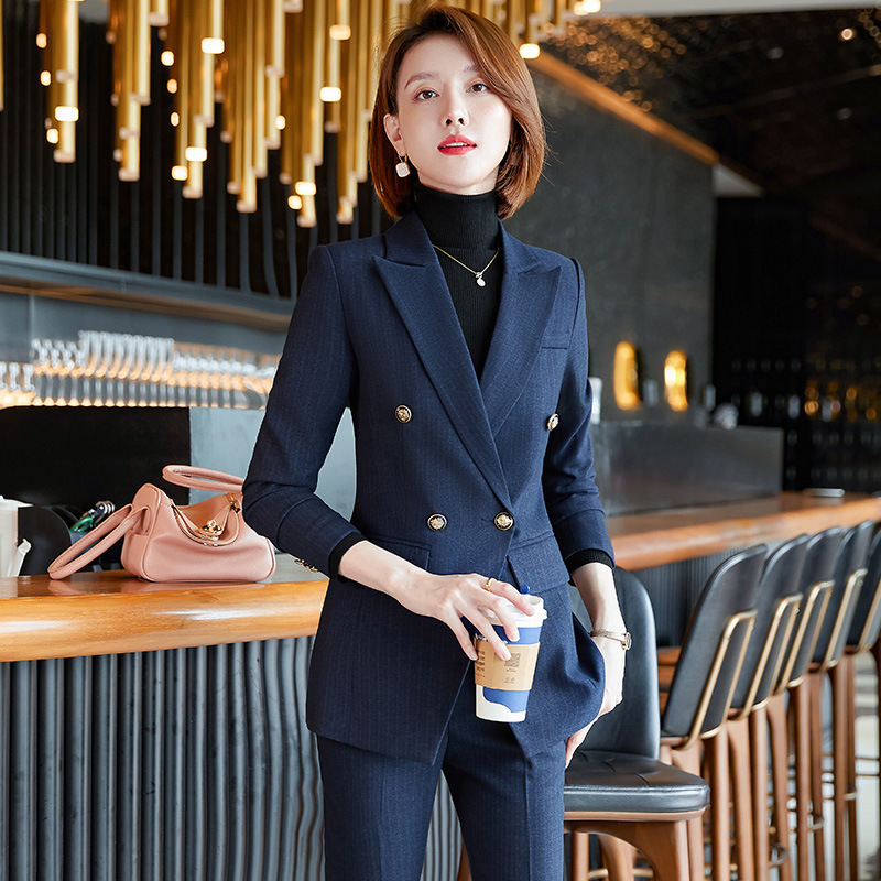 Autumn and winter new professional women's elegant capable goddess style double-breasted stripes slim suit women's suit