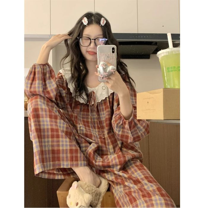 Pijamas de algodón nubes al por mayor transfronterizos otoño dulce de encaje de cuello grande pantalones largos de manga larga ropa para el hogar