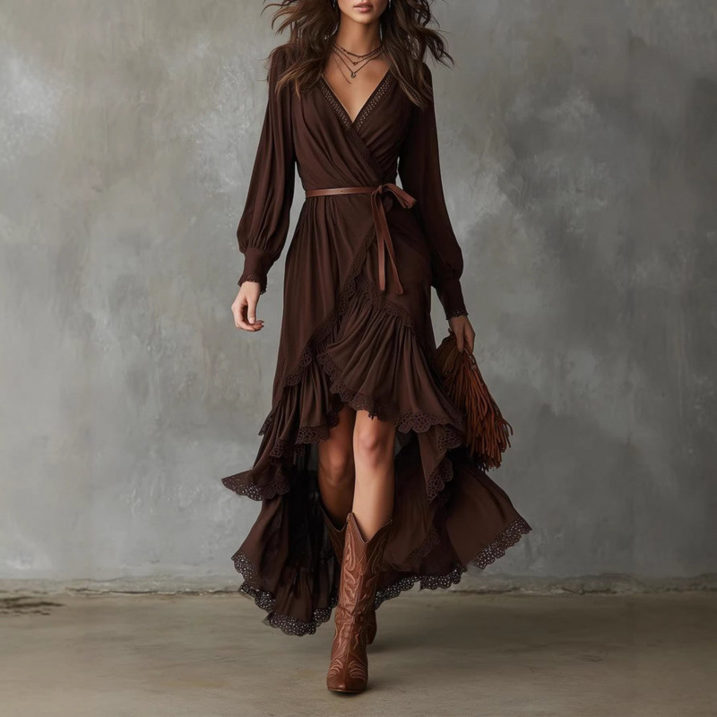 Cross-Border Bohemian Resort Style V-Neck Lace Trim Ruffled Multi-Layered Asymmetrical Hem Slit Dress Cross-Border Bohemian Resort Style V-Neck Lace Trim Ruffled Multi-Layered Asymmetrical Hem Slit Dress
