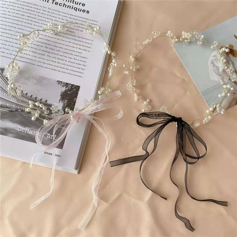 Korean Style Girl's Pearl Ribbon Hair Band ins All-match Necklace Women's Hair Tie Mori Dual-use Necklace Thin Hair Band Hair Stamp