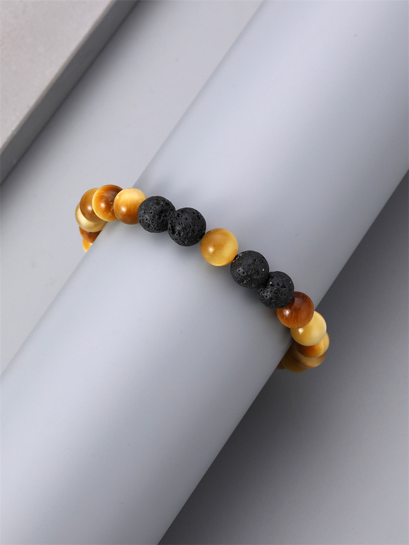 Cruz-frontera piedra volcánica ojo de tigre de oro piedra tejida pulsera de DIY hombres de moda europea y americana nueva pulsera de piedra de cuentas de 8mm