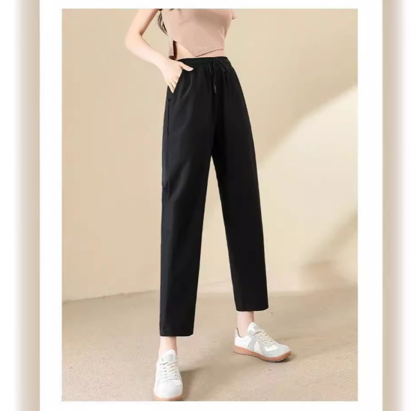 Summer Ice Silk Thin Cropped Loose Harlan Quick-drying Pants Hong Kong Style Loose Waist Pocket Design Casual Straight Pants Summer Ice Silk Thin Cropped Loose Harlan Quick-drying Pants Hong Kong Style Loose Waist Pocket Design Casual Straight Pants