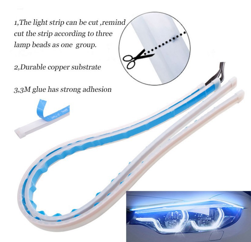 New daytime running lamp ultra-thin light guide strip 30 45 60cm two-color streamer lamp car decorative lamp white yellow turn signal lamp