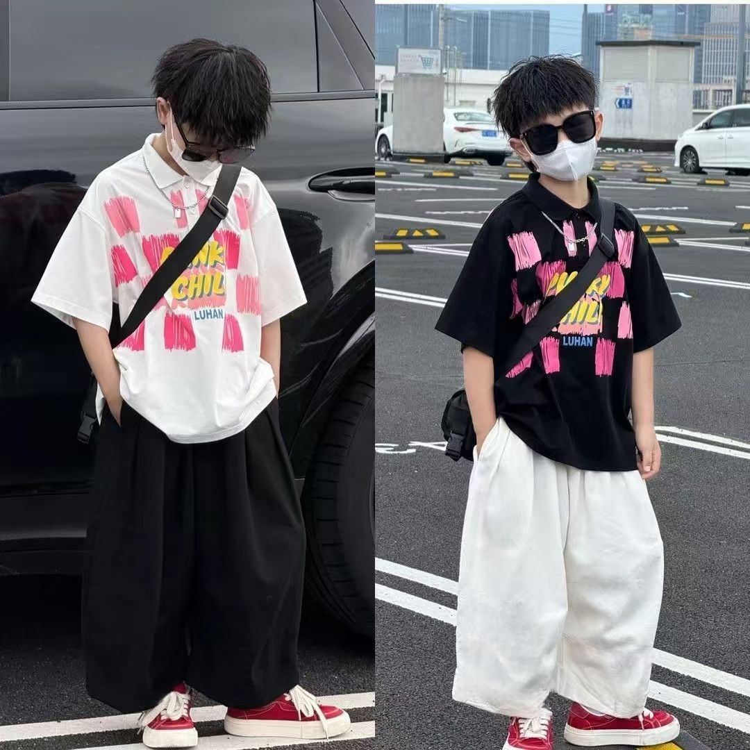 男童夏季洋气宽松套装2025新款中大童潮流洋气薄款T恤儿童长裤子
