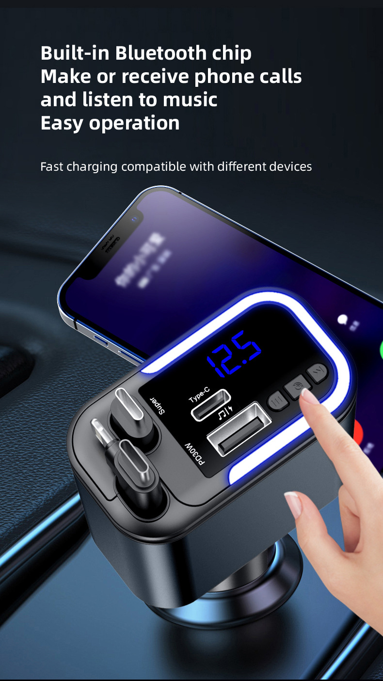 Car Charger Multi-Function Fast Charging Car Mp3 Player Bluetooth Plug-In USB Disk Listening to Music with Retractable Cable Five-In-One