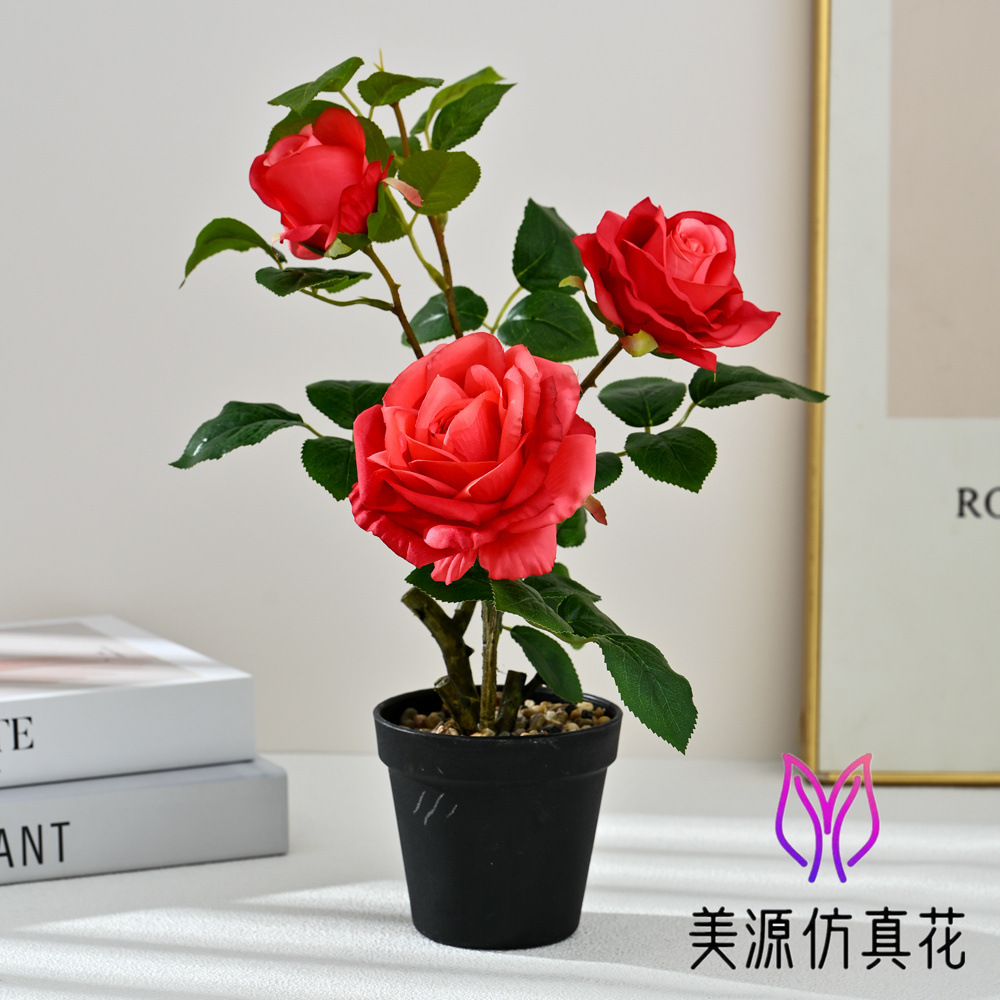 Selección estricta de flores falsas de tres cabezas de rosas pequeñas decoraciones para el hogar bonsai decoración floral simulación maceta simulación
