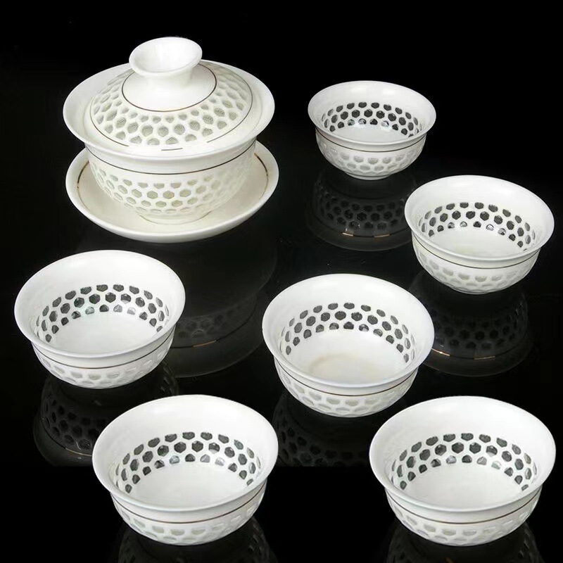Honeycomb Exquisite Hollow Tea Set Tea Bowl White Porcelain Chaoshan Kung Fu Tea Set Sancai Bowl Creative Tea Set Cup Honeycomb Exquisite Hollow Tea Set Tea Bowl White Porcelain Chaoshan Kung Fu Tea Set Sancai Bowl Creative Tea Set Cup