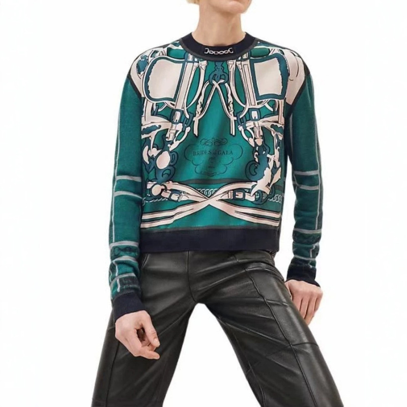 Emma's Green Silk Shirt with Twill Wool Print, Long-Sleeve Knit, High-End Round-Neck Top for Women from Nanyou