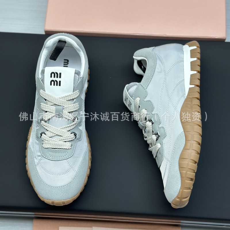 Miu's New Lace-Up Color-Blocked Tire-Pattern Sneakers, Breathable Round-Toe Casual Sports Shoes, White Shoes, Biscuit Shoes for Women
