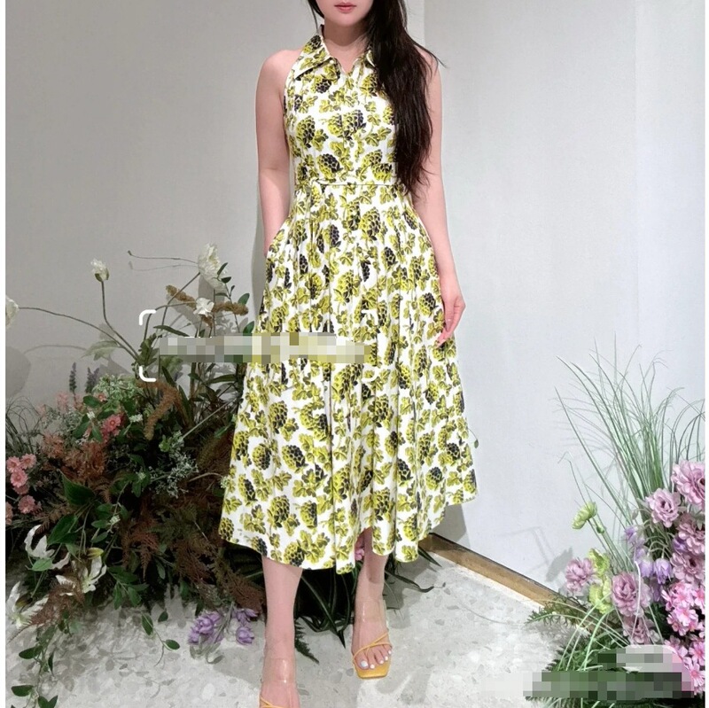 Dvf25 New Summer Style French Resort Style Yellow Berry Print Slim Lapel Sleeveless Dress