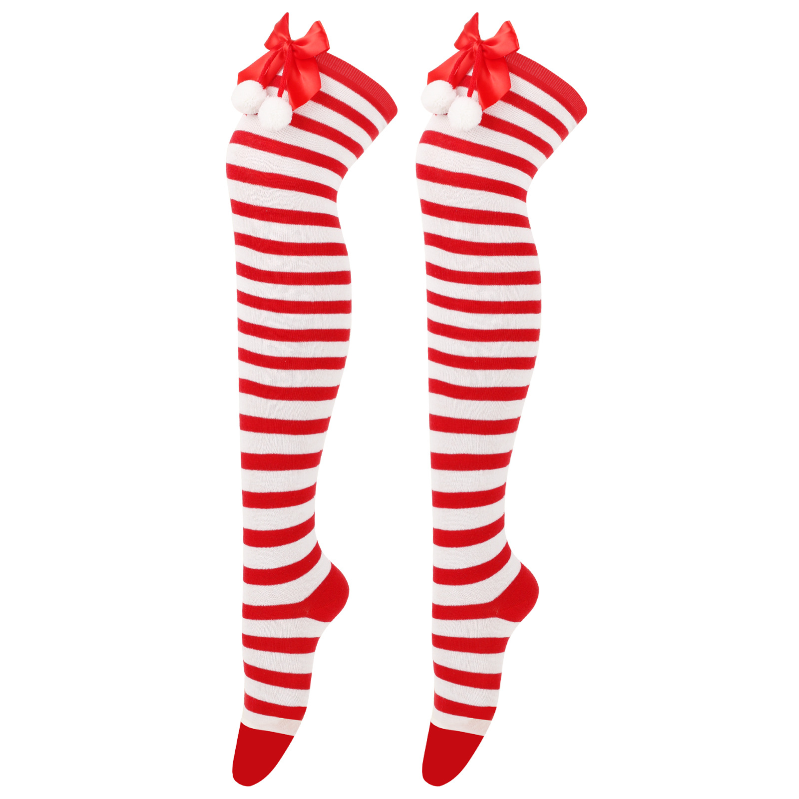 Calzini natalizi unisex con fiocco, calzini a palla, sopra il ginocchio, calzini lunghi da donna, calzini natalizi a righe_voghion.com