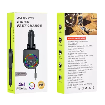 Y13 Car Fast Charger with Retractable Cable, Colorful Ambient Light, Bluetooth MP3 Player, Foreign Trade Automotive Supplies (Car mp3) - y13-car-fast-charger