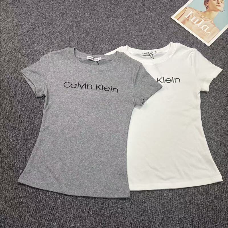 Cross-Border Ck Summer New Classic Letter Print Round Neck Slim Fit Straight Shoulder T-Shirt for Women Summer Dropshipping