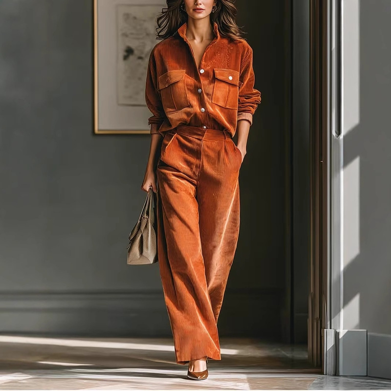 European and American Cross-Border Autumn and Winter 2025 Retro Casual Style Caramel-Colored Corduroy Shirt and Wide-Leg Pants Set