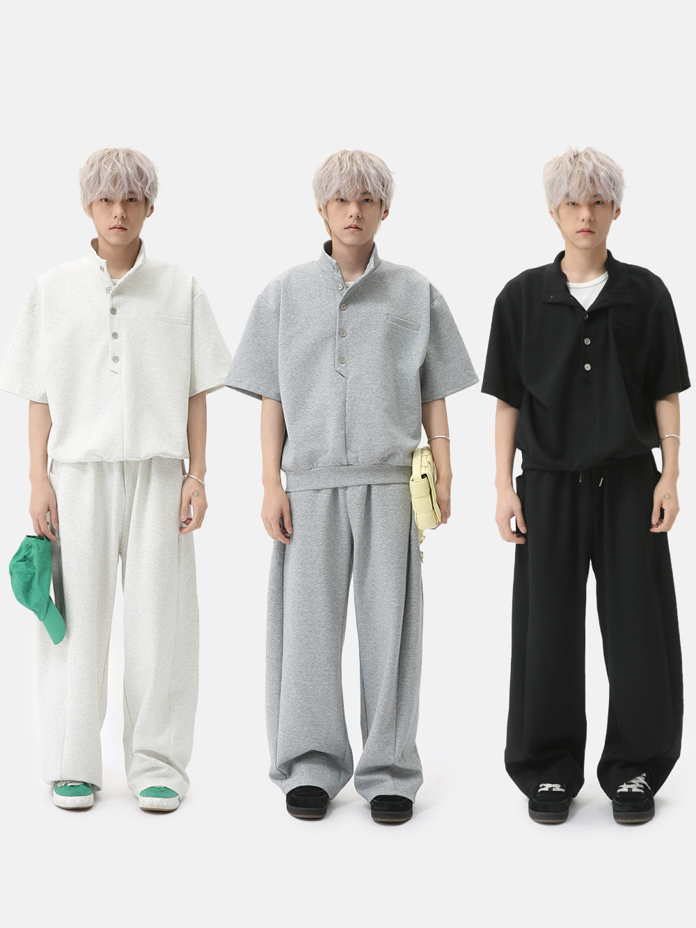 MTLCLOTHES para hombre | Coreano simple espacio botón de algodón cuello alto color sólido casual todo fósforo traje deportivo de moda