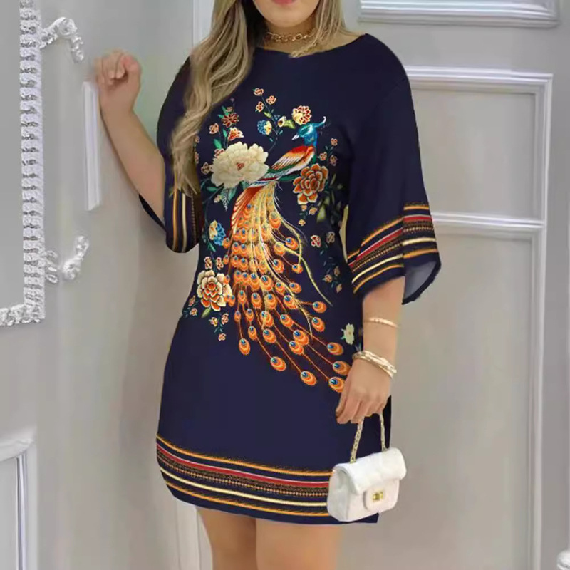 Cross-border 2024 New Amazon AliExpress Europe and the United States Spring and Summer Peacock Print Sleeve dress Women's in stock