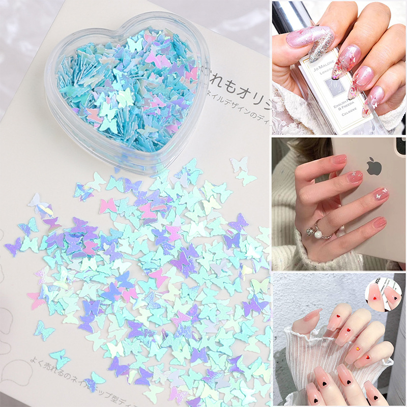 Arte de uñas Aurora mariposa lentejuelas irregulares láser corazón lentejuelas brillo de uñas color mágico accesorios de joyería en caja
