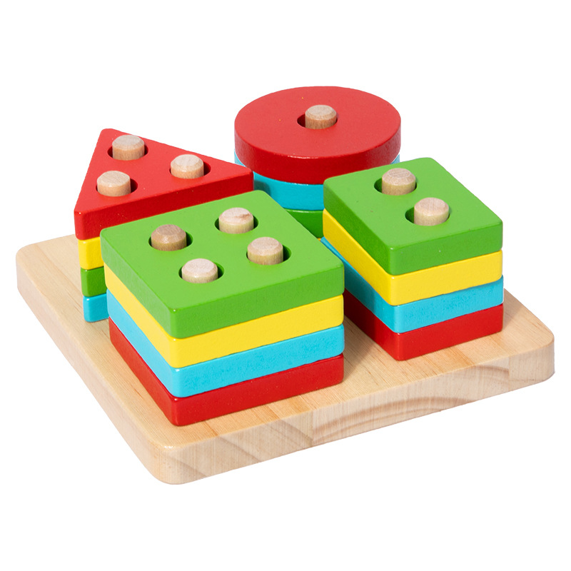 Bloques de madera de columna de madera para bebés movimiento fino educación temprana de la geometría de pares de colores juguetes de clasificación cognitiva