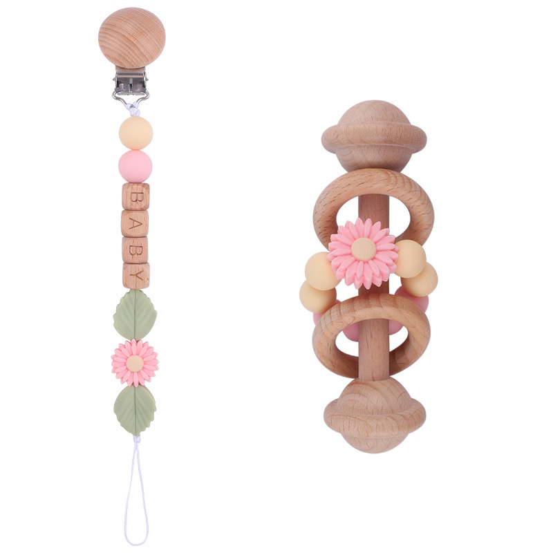 New Beech juguete para niños sonajero mordedor calmante bebé DIY Daisy cuentas de silicona Cadena de pezón conjunto de dos piezas