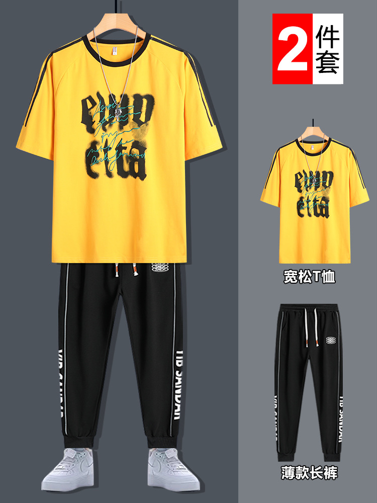 Hombres de manga corta moda adolescente de verano guapo impresión de cuello redondo camiseta relajada juego de deportes casuales de dos piezas