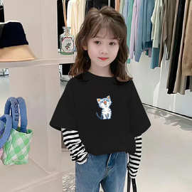 儿童长袖纯棉t恤女童秋季装洋气新款宝宝休闲卡通上衣春秋假两件